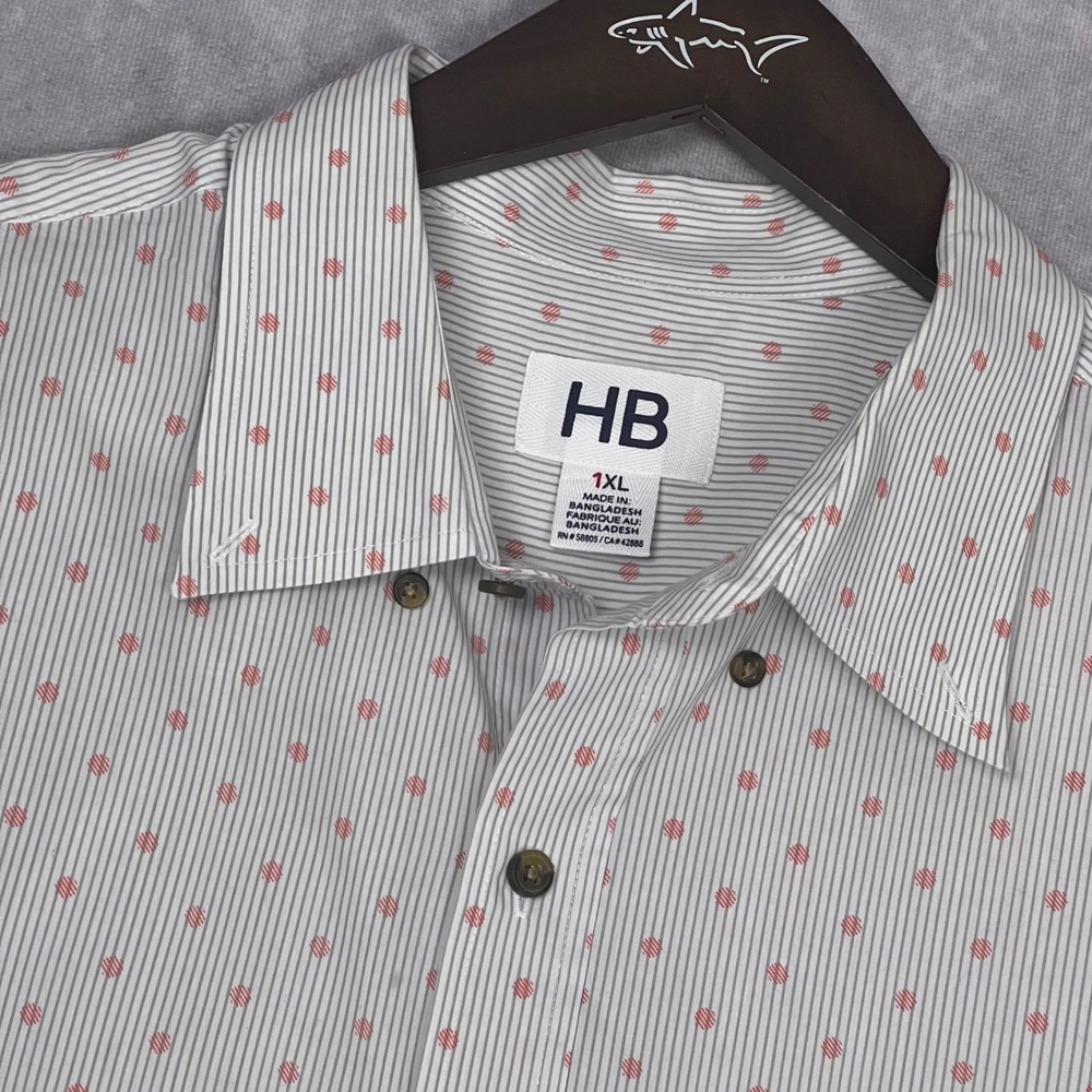 HB Mens 1XL Short Sleeve Button Down Shirt Pinstripe Red Micro Dot White Casual